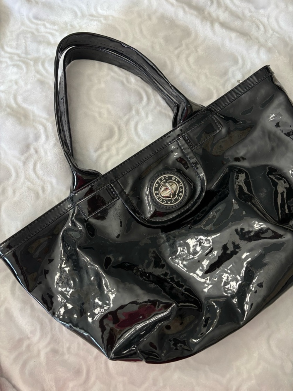 Marc by Marc Jacobs Black Patent Tote with Logo Medallion